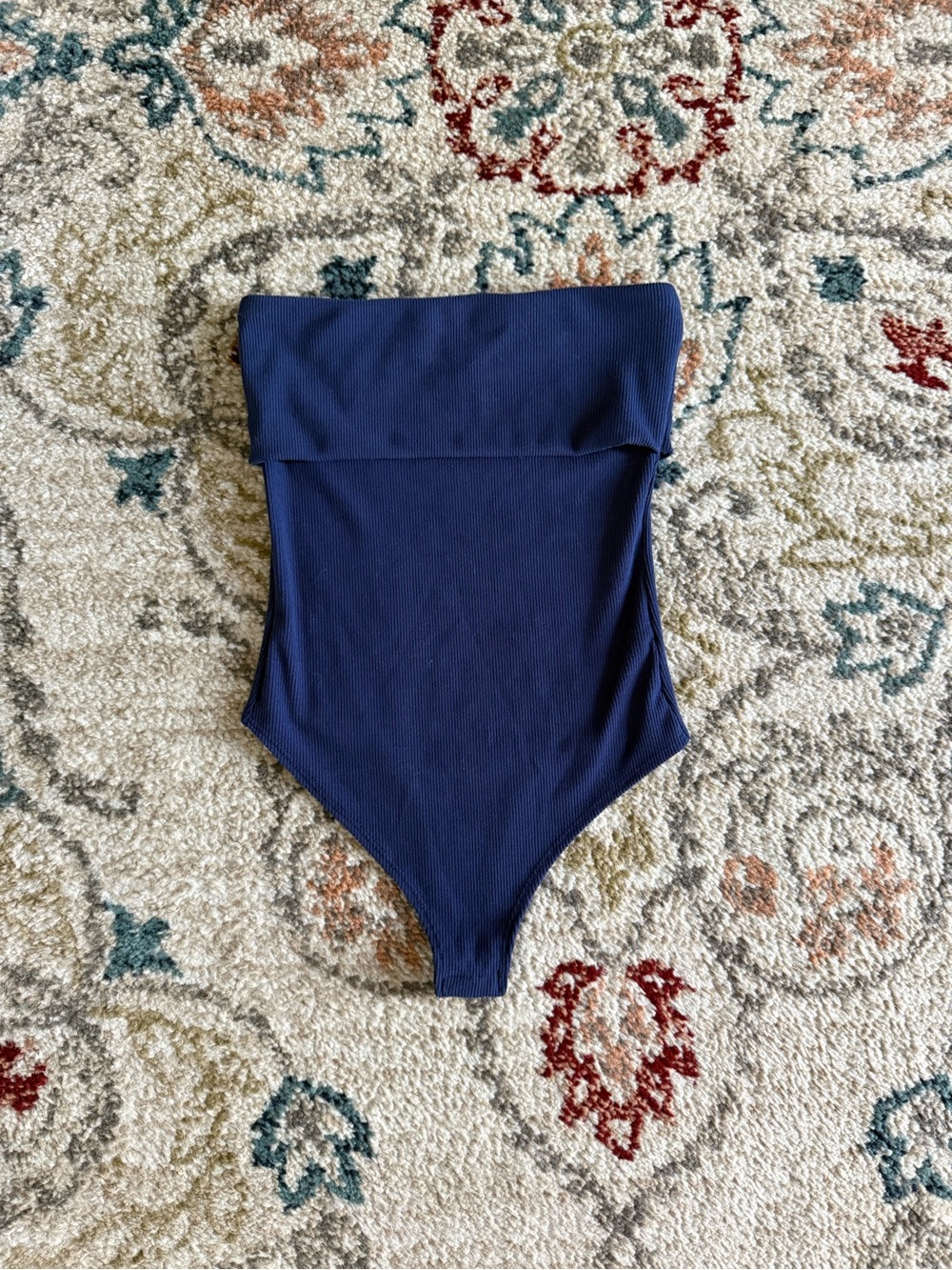 Woman’s Navy Blue One-Piece Tube Top Bodysuit, Snap Closure, Thong, Size Small